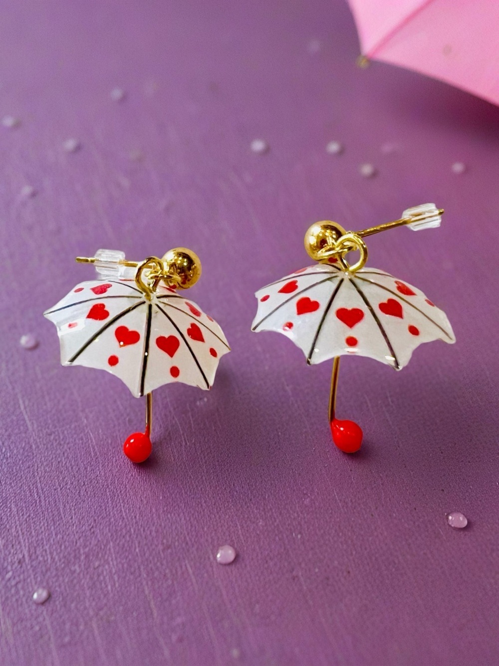 Teeny Tiny Umbrella Gold-Tone Red Hearts and Hearts Drop Earring Set of 3 - Picture 2 of 16